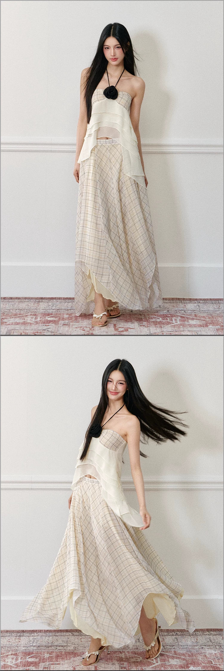 "Rose by the Sea" Rose Halter Top & Asymmetrical Plaid Maxi Skirt Set