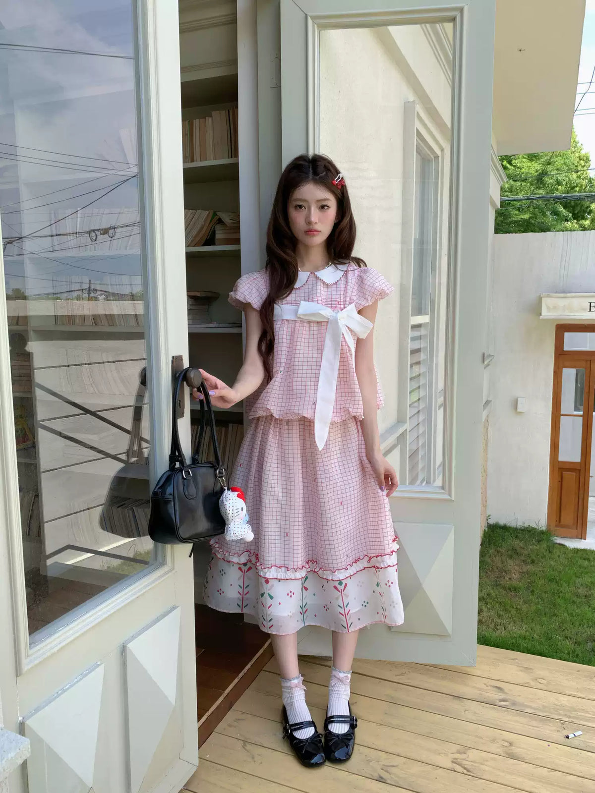 [RF] “Pink Camellia” Cherry Red Plaid Bow Two-Piece Set