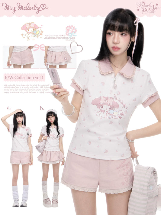 “Melody Blossom” Pink Floral Polo & Layered Skort Set