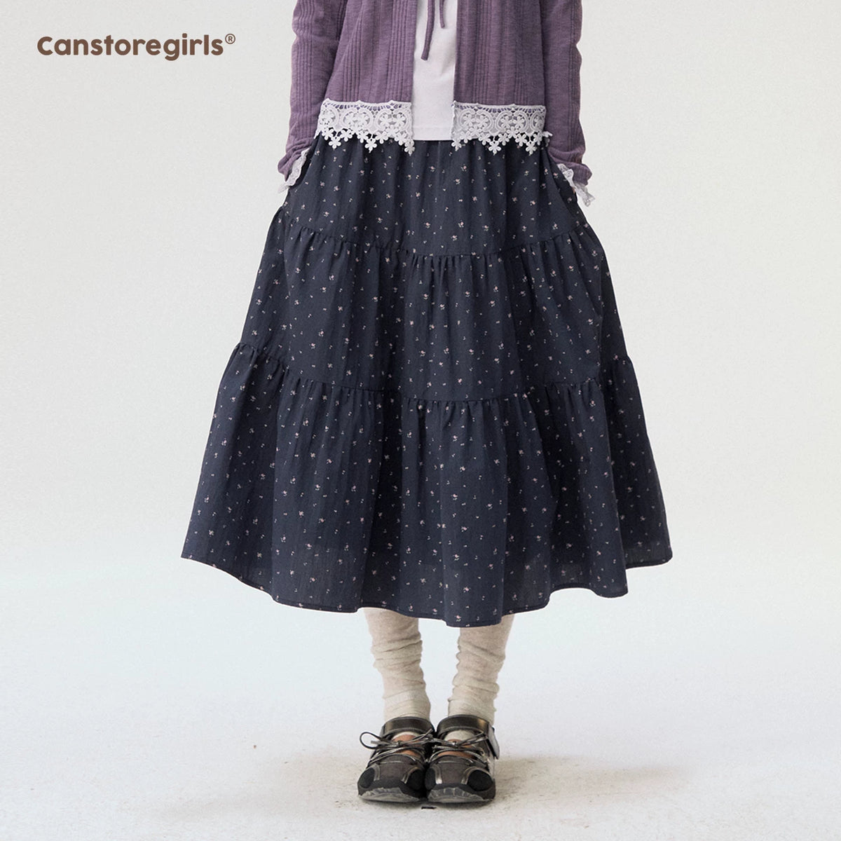 [CAN] “Rose in Bloom” Lavender Knit Cardigan & Floral Skirt 3-Piece Set
