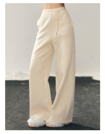 少也眼 "She Drifts Like a Cloud" Korean Minimal Knit Wide-Leg Pants - Milky Almond White
