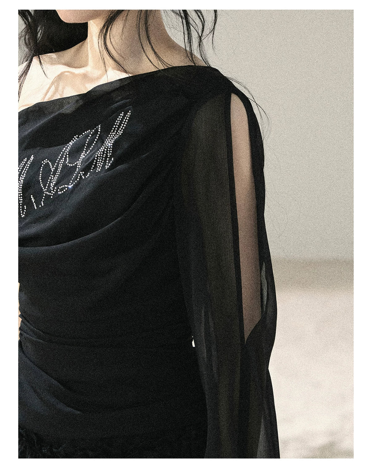 "Scattered Starlight" Midnight Black Off-Shoulder Mesh Waist-Cinched Top