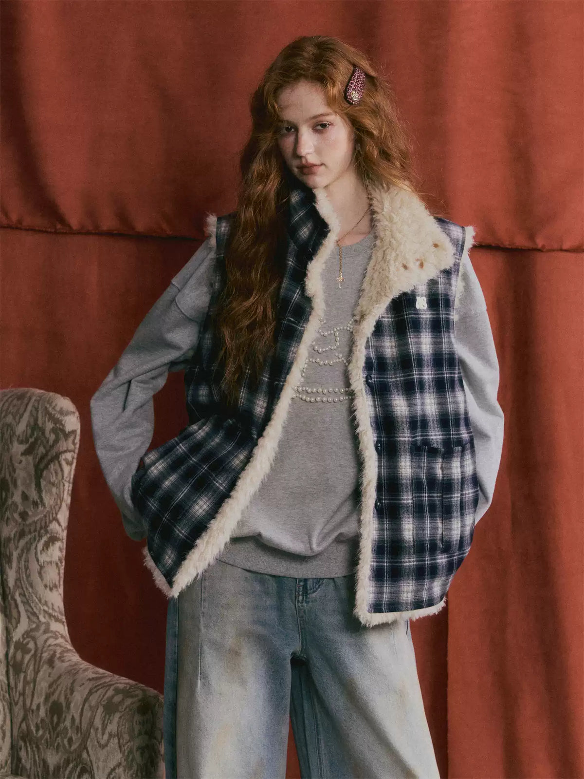 ASGONY - Reversible Plaid & Faux Fur Stand-Collar Vest