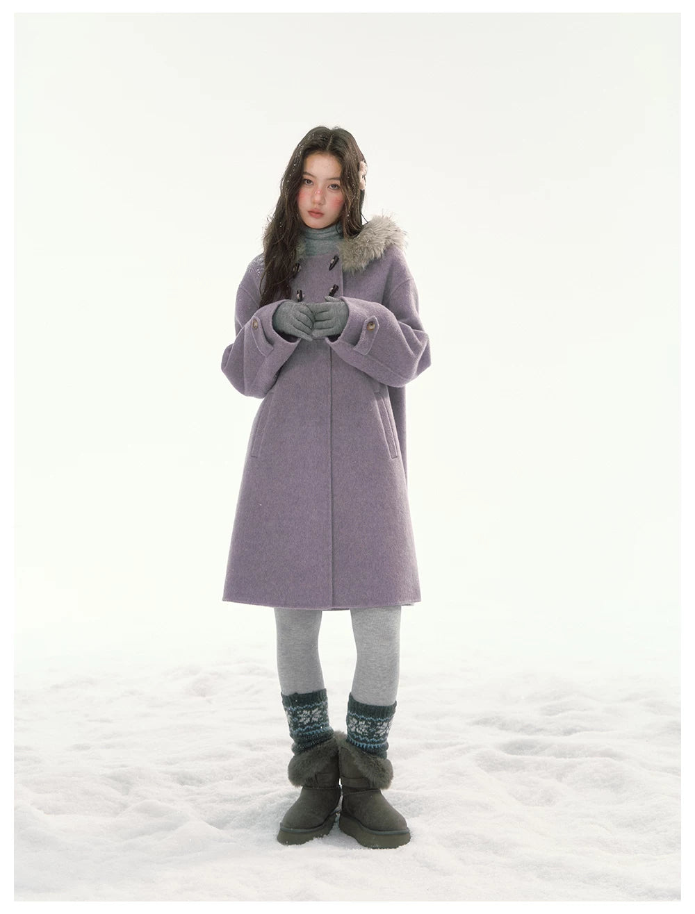CANSTORE - "Wisteria Isle Lavender" Wool-Blend Hooded Coat with Detachable Faux Fur Collar