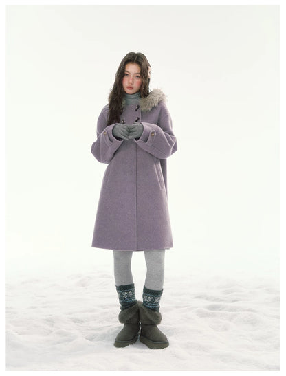 CANSTORE - "Wisteria Isle Lavender" Wool-Blend Hooded Coat with Detachable Faux Fur Collar