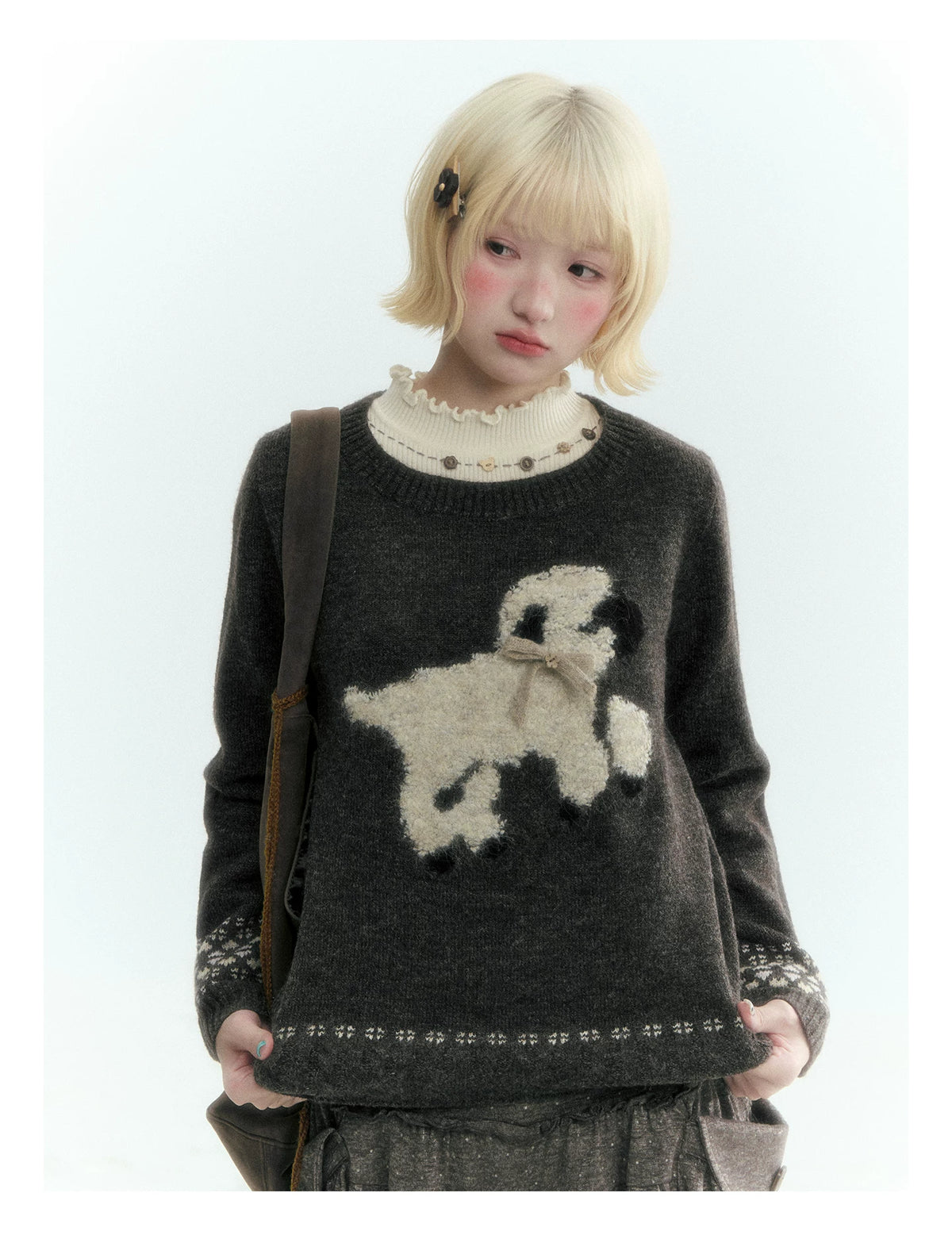 Horridale - Vintage Ruffle-Trim Wool-Blend Mock Neck Top (White Almond / Dark Gray)