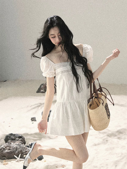 "Light as a Cloud" Frost White Puff Sleeve Lace Babydoll Mini Dress