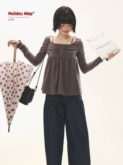 "Sweet Favorite" Polka Dot Faux-Layer Bow Knit Top (Gray Brown/ Blush Pink)