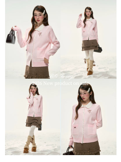 BIBIBENCY - Pink Plaid Bow Knit Sweater
