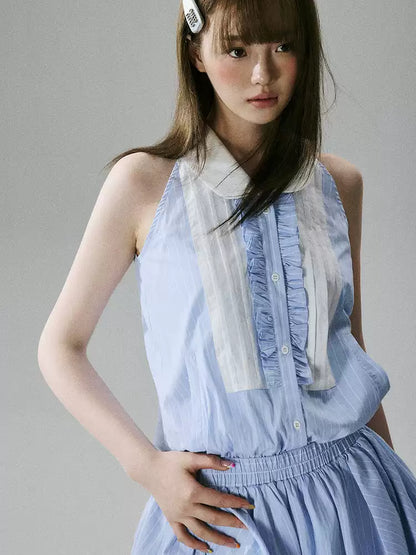 LOST FOREST  - Blue Striped Lace-Trim Halter Dress with Elastic Waist