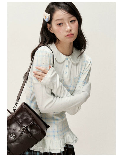 [RF] Star Blue Faux Two-Piece Lace-Trim Blouse with Peter Pan Collar