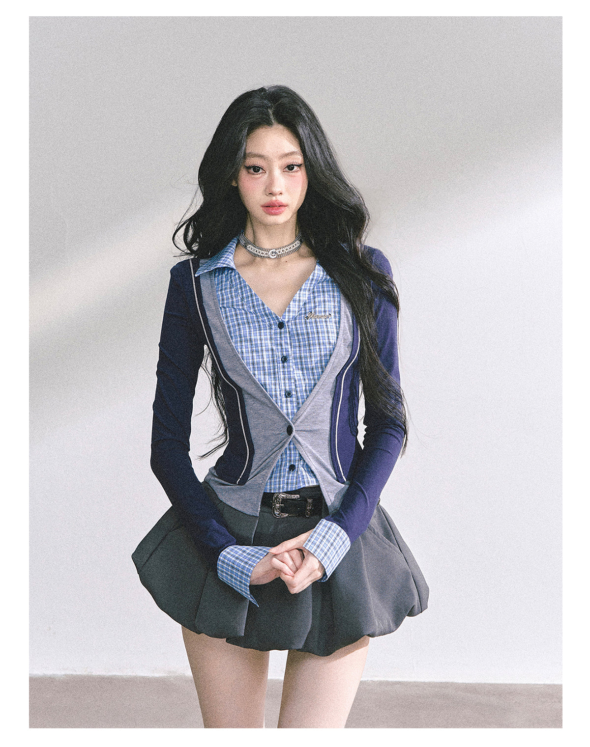 少也眼 "London Senior Muse" Layered Polo Long Sleeve Tee - Navy Blue 924863