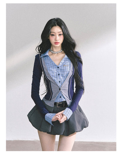 少也眼 "London Senior Muse" Layered Polo Long Sleeve Tee - Navy Blue 924863