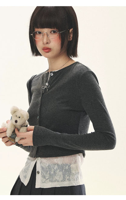 "Layered Blossom" Faux-Layer Knit Cardigan (Sakura Pink/ Heather Gray)