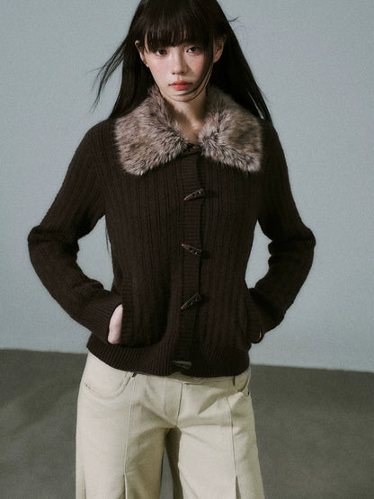 LOST FOREST - Dark Brown Detachable Faux-Fur Collar Toggle Cardigan