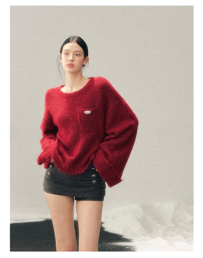 少也眼 “Winter Snow Holds Gentle Warmth” Angora-Blend French Red Knit Sweater