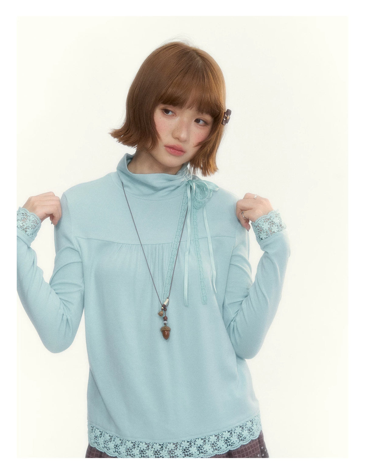 “Mint Milk Pudding” Mint Blue Lace-Trimmed Mock Neck Knit Top