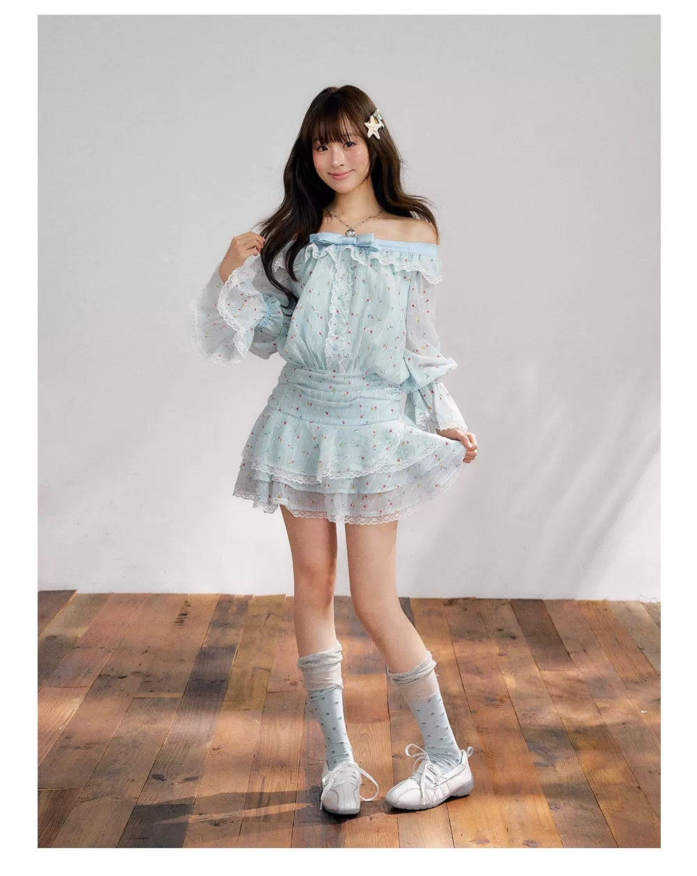 “Blue Meringue Reverie” Blue Off-Shoulder Cake Dress