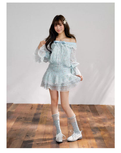 “Blue Meringue Reverie” Blue Off-Shoulder Cake Dress