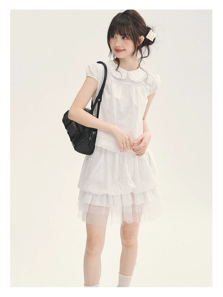 "Cotton Cloud" White Ruffle Collar Puff Sleeve Babydoll Top