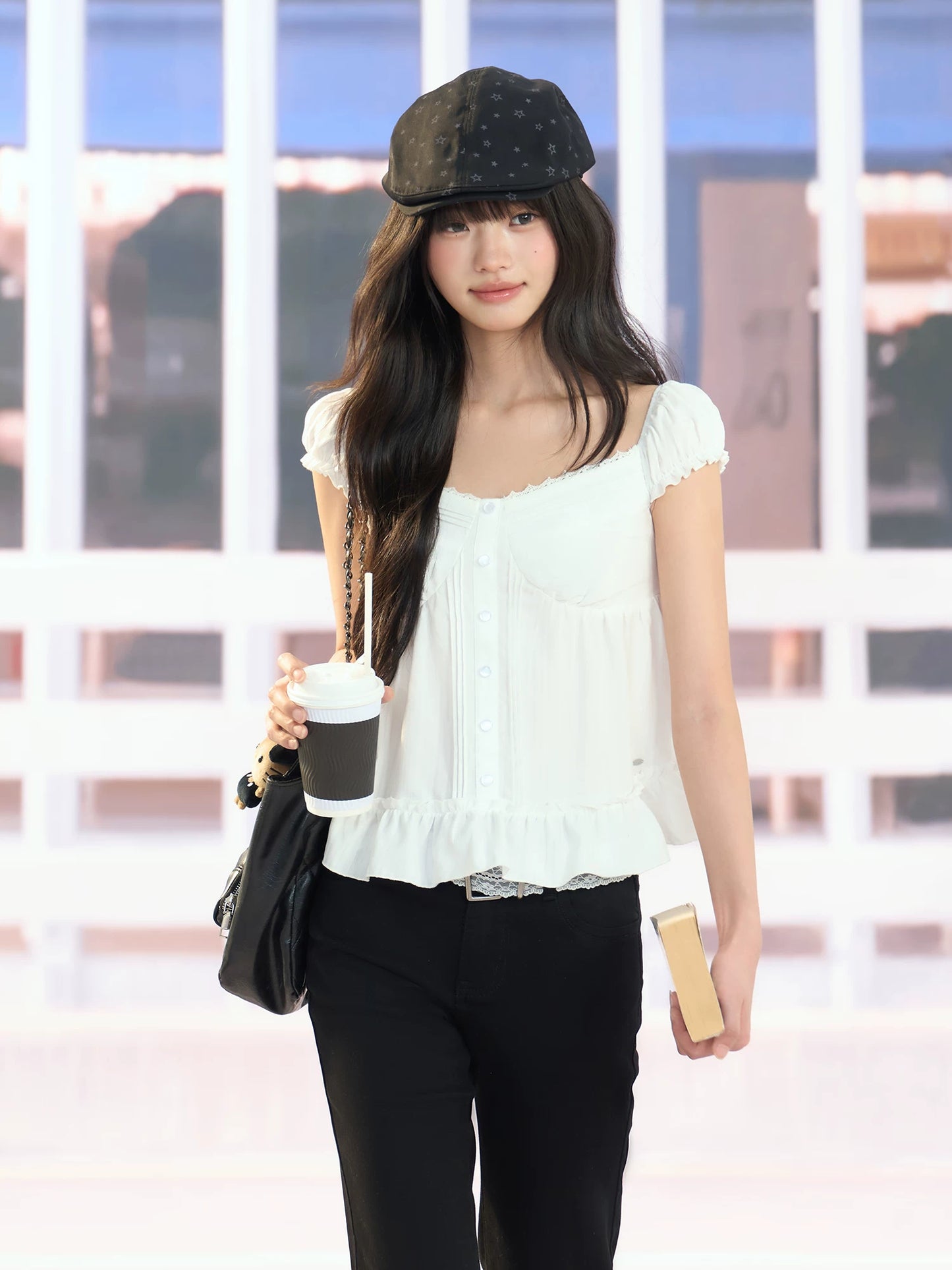 "Pure Arrival" White Square Neck Puff Sleeve Blouse