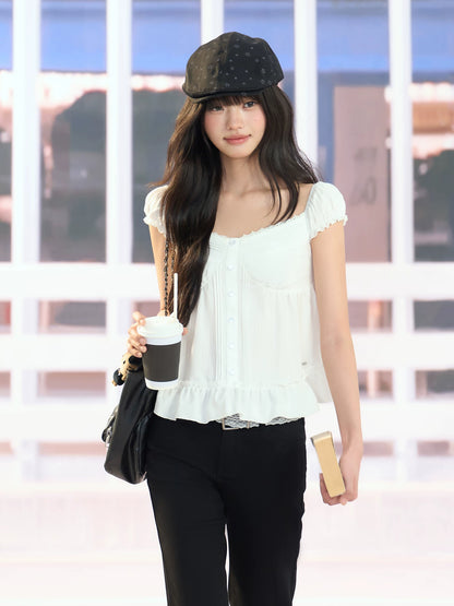 "Pure Arrival" White Square Neck Puff Sleeve Blouse
