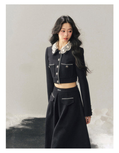 少也眼 "Whispers of Lace" Black French Lace Two-Piece Skirt Set