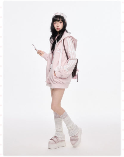 KYOUKO - Pink Embroidered Hooded Zip-Up Jacket