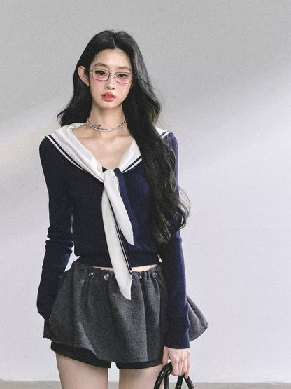 少也眼 Nautical Sailor Collar Long Sleeve Knit Tee