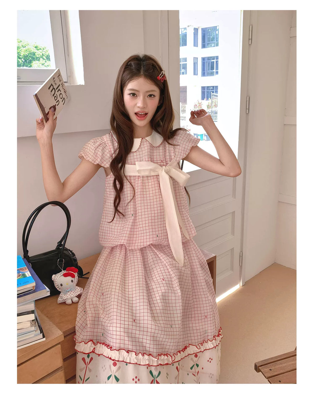 [RF] “Pink Camellia” Cherry Red Plaid Bow Two-Piece Set
