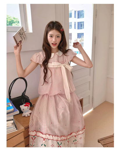 [RF] “Pink Camellia” Cherry Red Plaid Bow Two-Piece Set