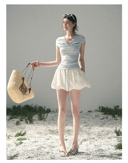 “Sheer Spring Whisper” Moonlight Blue Twist V-Neck Top
