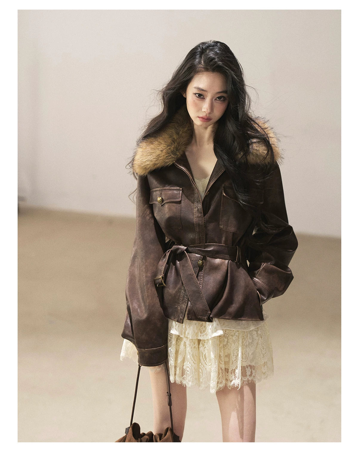AOMALM - Chestnut Brown Vintage PU Leather Jacket with Faux-Fur Collar & Belt