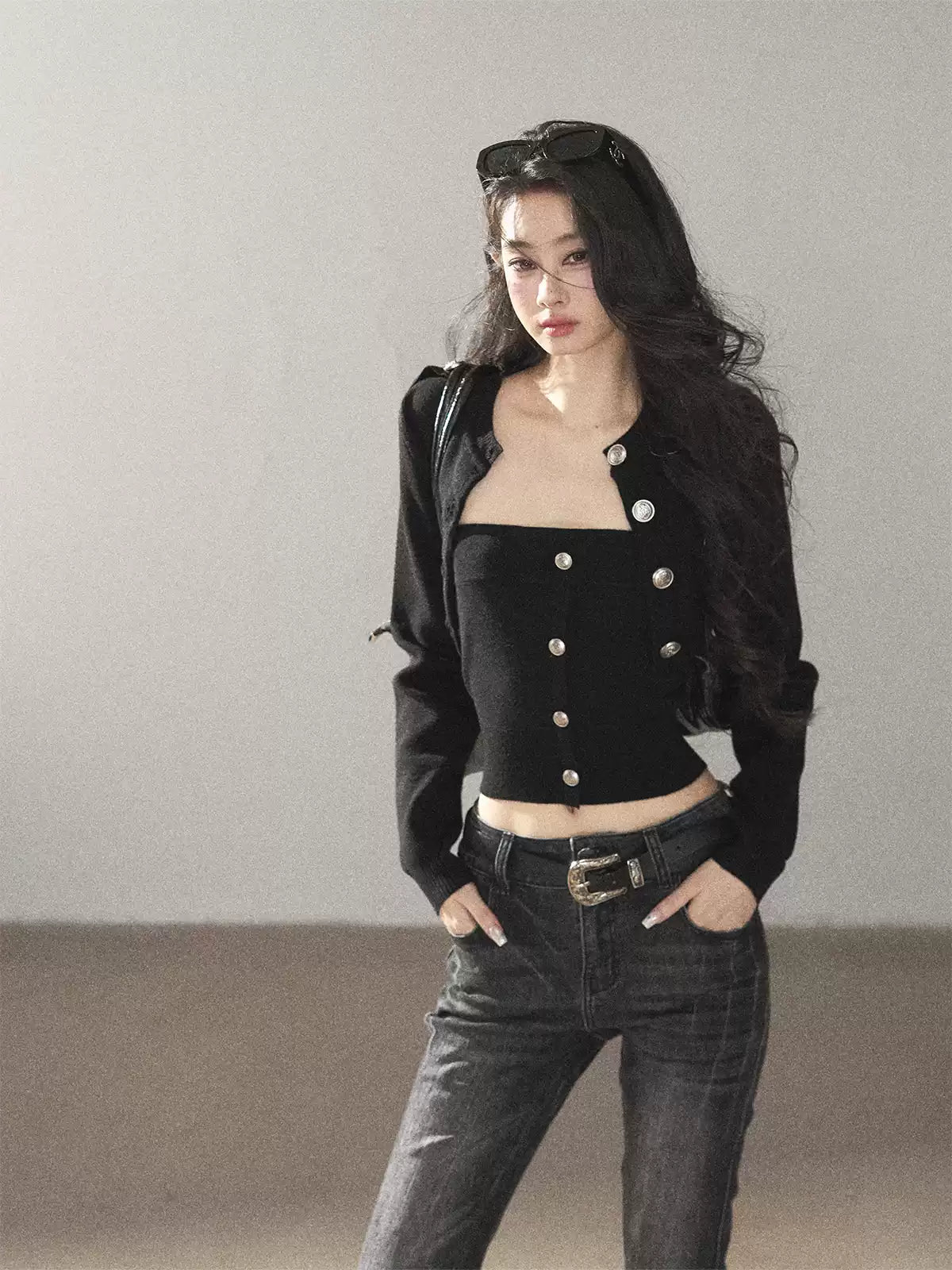 AOMALM - "You in the Night Sky" Black Cropped Knit Cardigan & Bandeau Set