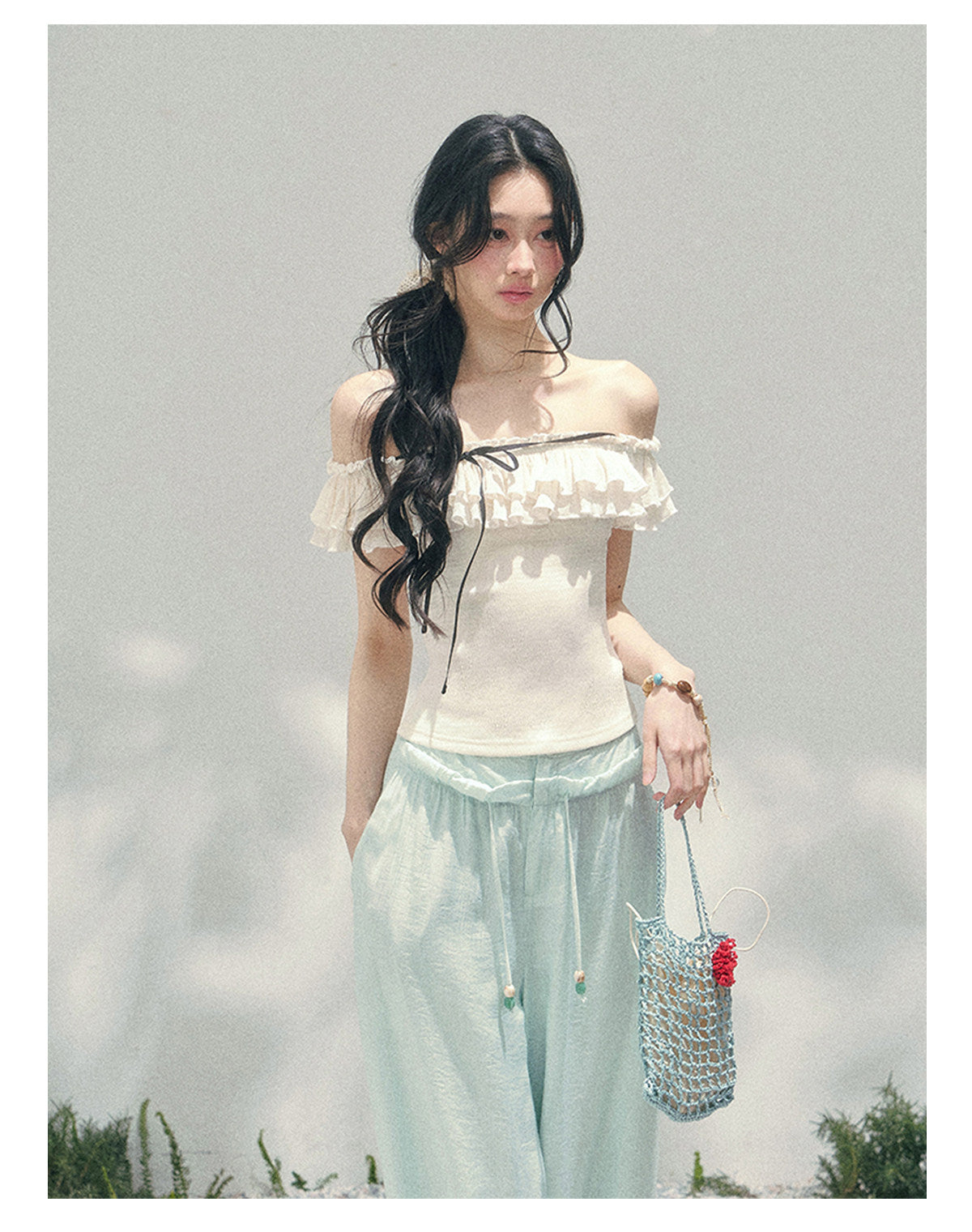 “White Pearlight” Ivory Off-Shoulder Ruffle Tee