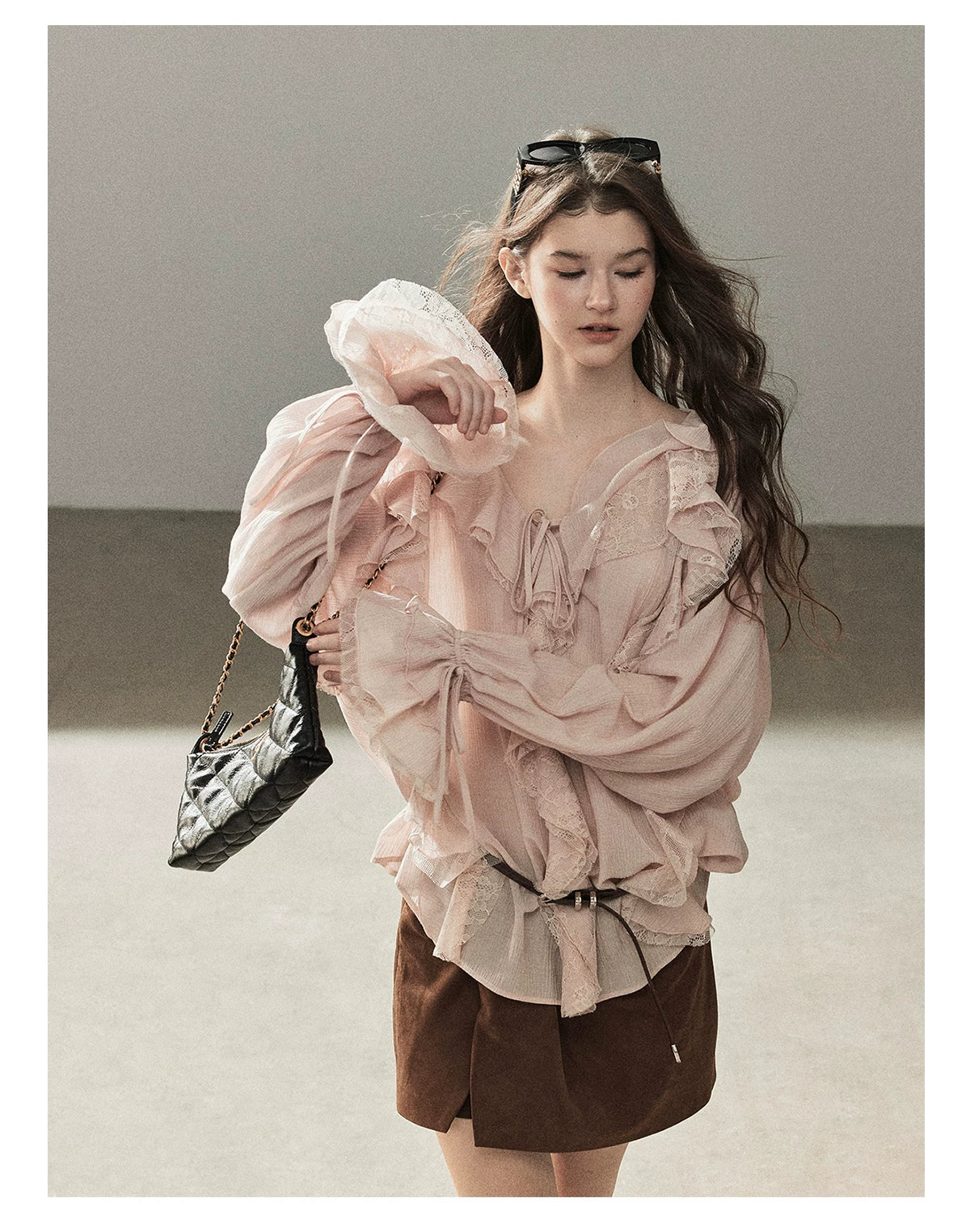 AOMALM - "A Featherlight Touch" French Camellia White Lace Chiffon Top with Belt (Camellia / Oatmeal / Cinnamon Pink)