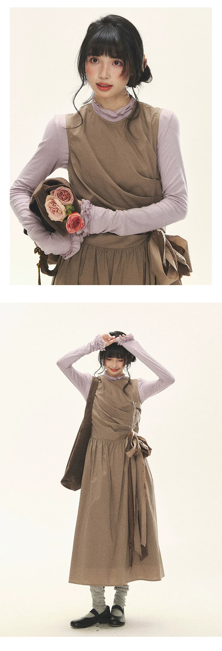 "Cream Cocoa" Cream Cocoa Ruched Bow Pinafore Maxi Dress
