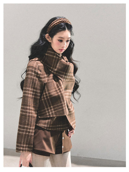 少也眼 “Twilight Forest" Woolen Oversized Coat - Plaid Brown
