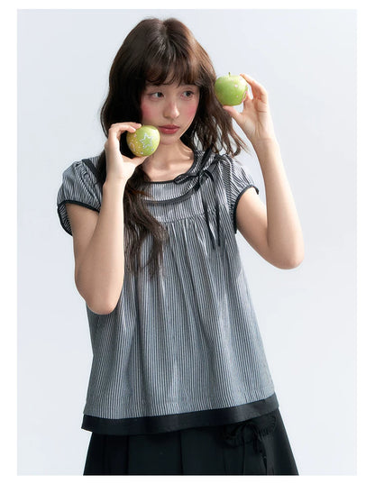 "Black Toast" Black Stripe Asymmetrical Collar Babydoll Blouse