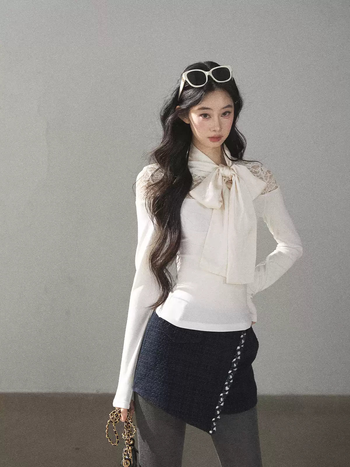 AOMALM - "Cloud Trails" Dutch Cream Lace Bow Knit Top