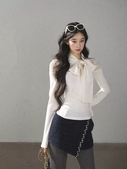 AOMALM - "Cloud Trails" Dutch Cream Lace Bow Knit Top