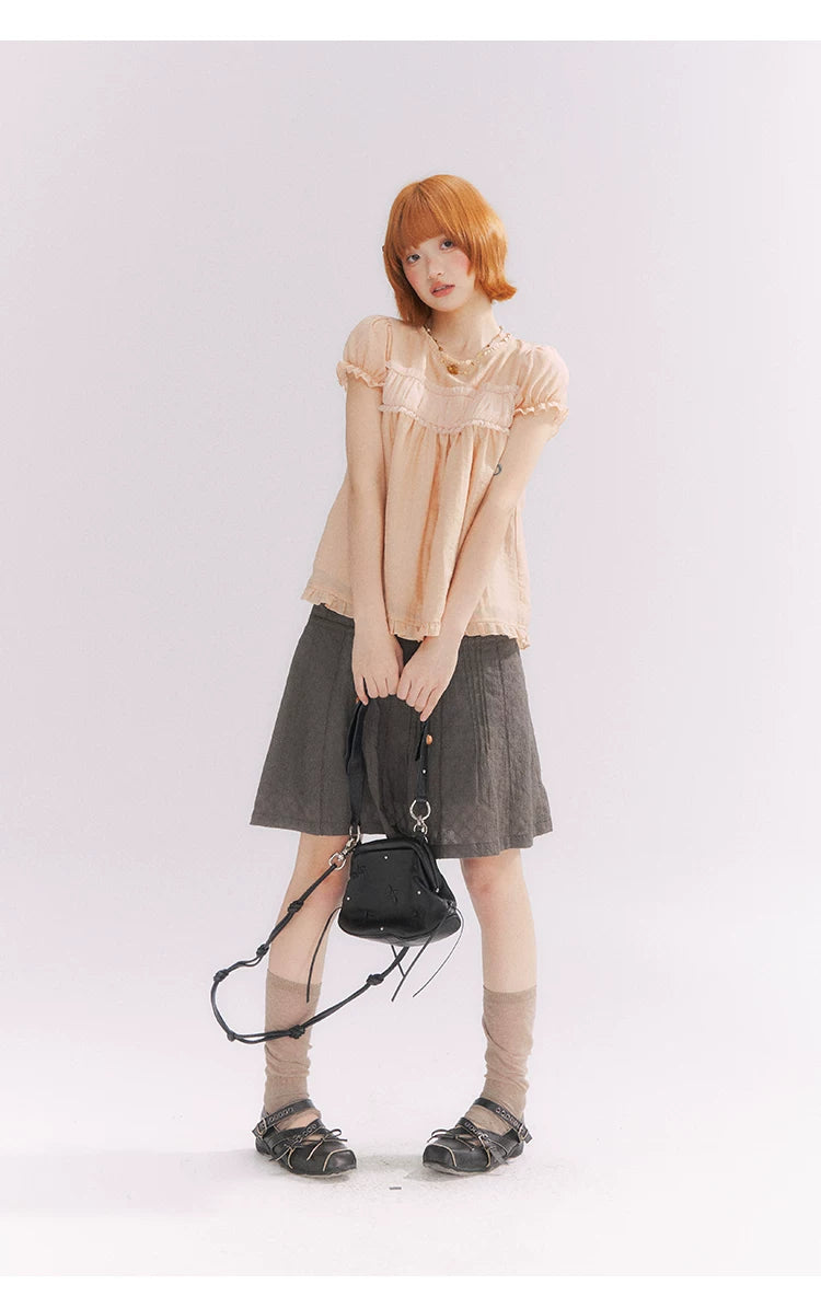 “Orange Soda” Seashell Orange Mesh Panel Puff Sleeve Top