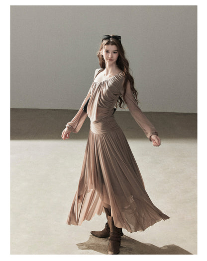 170726 "Waiting for Autumn Rain" Silver Mouse Gray Off-Shoulder Pleated Skirt Set