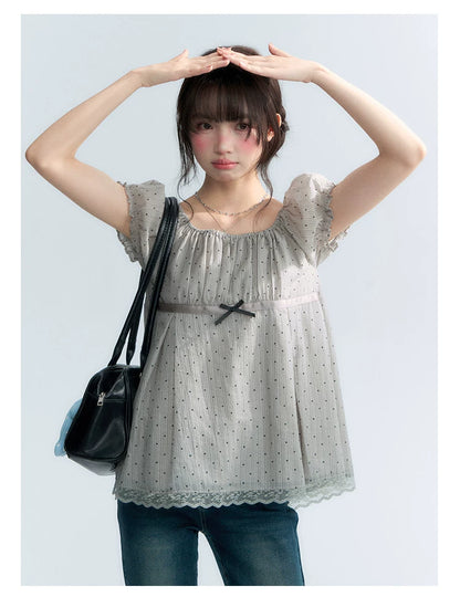 "Polka Dot Constellation" Gray Polka Dot Square Neck Puff Sleeve Top