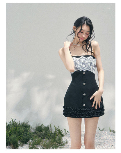 “Midnight Soliloquy” Black Lace Slip Mini Dress