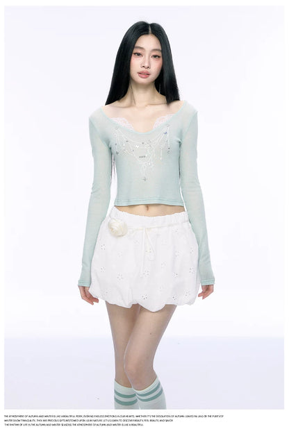 JN's DESIGN - Fitted Lace Long-Sleeve Top with Pearl Rhinestones