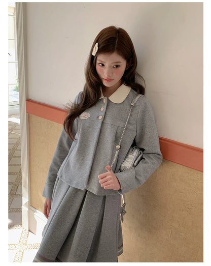 “Misty Academy Reverie” Light Grey Cropped Top & Bubble Mini Skirt