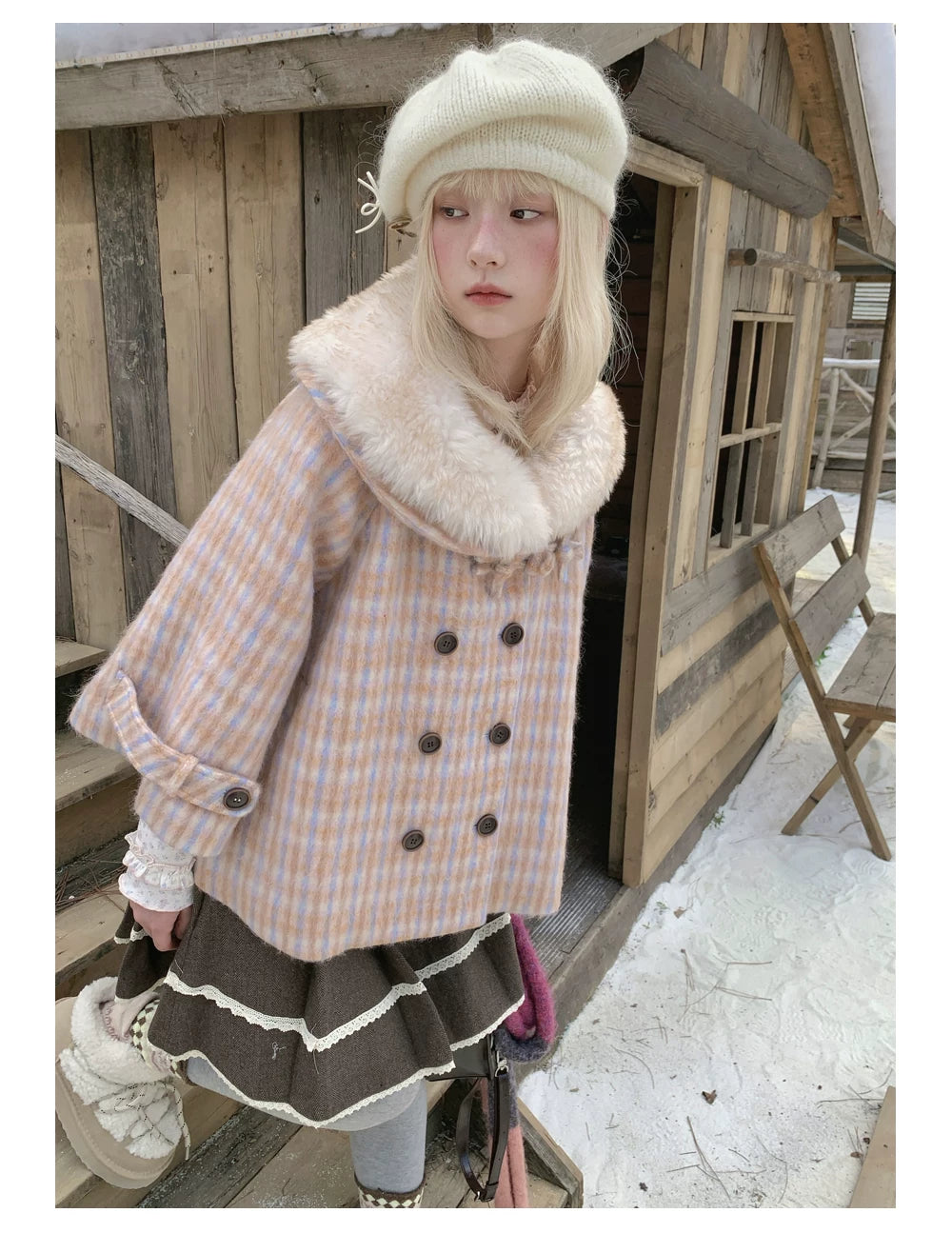 RF - Orange Plaid Cropped Cape Coat with Apricot Faux Fur Collar