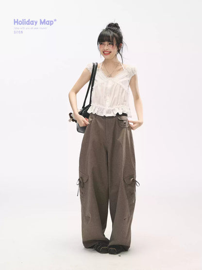 "French Meadow Romance" Ivory Lace Trim Halter Tie V-Neck Cotton Blouse