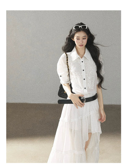 AOMALM - “Her Hemline” White Lace Shirt Dress with Belt